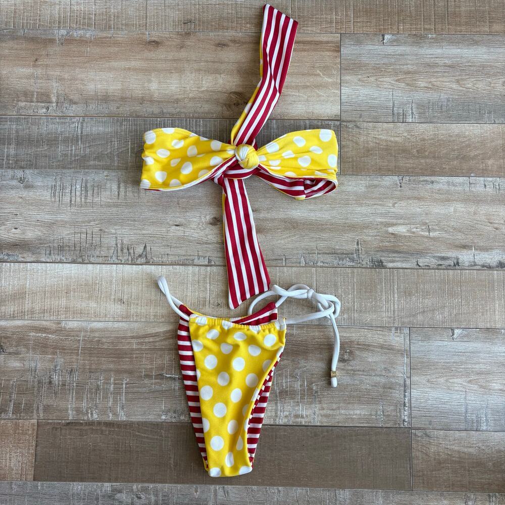 VDM Swim Reversible Polka Dot Striped Red Yellow Bikini Set Size S - Picture 2 of 3